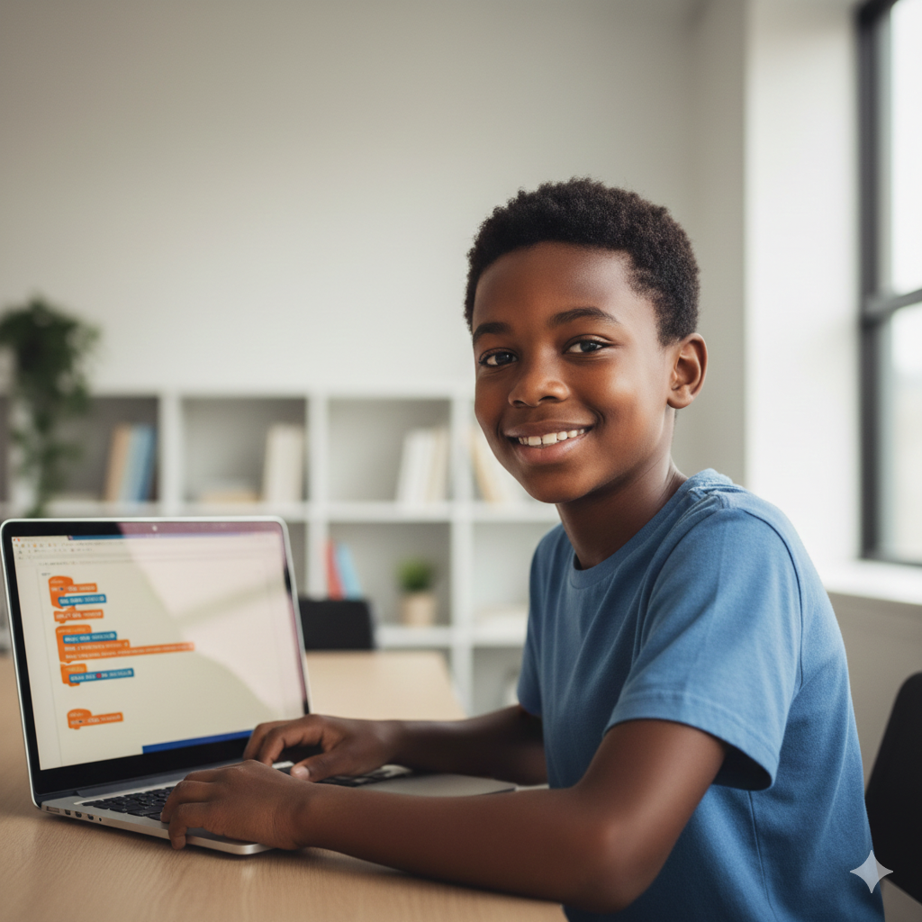 Student celebrating after completing a coding challenge